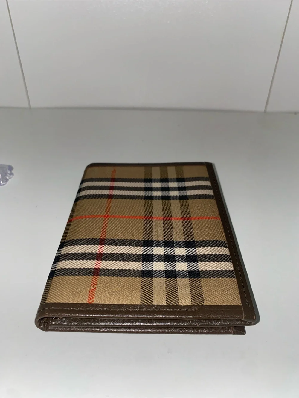 Authentic Burberry Tan Plaid Card Holder Wallet Brown Leather Trim